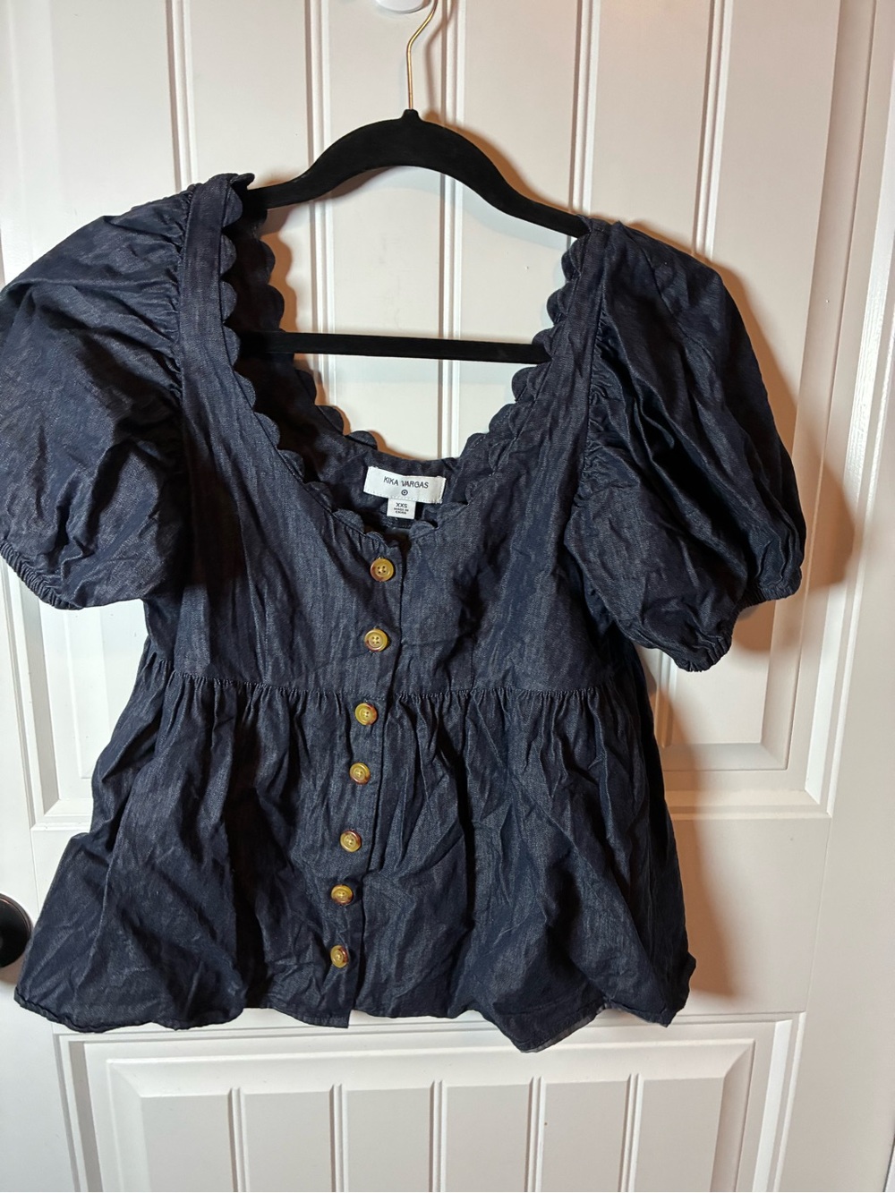 Kika Vargas Navy Puff-Sleeve Button Peplum Top